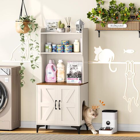 Snughome Cat Litter Box Enclosure with Storage Shelves, 2-in-1 Modern Cat Litter Box Enclosure Furniture Hidden, Wooden Cat Washroom Cat House with Metal Legs, Fit Most of Litter Box, White in Kuwait