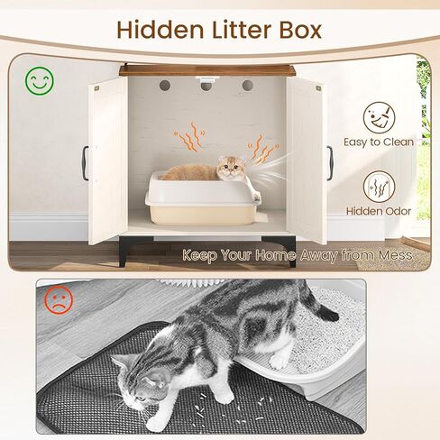 Snughome Cat Litter Box Enclosure with Storage Shelves, 2-in-1 Modern Cat Litter Box Enclosure Furniture Hidden, Wooden Cat Washroom Cat House with Metal Legs, Fit Most of Litter Box, White in Kuwait