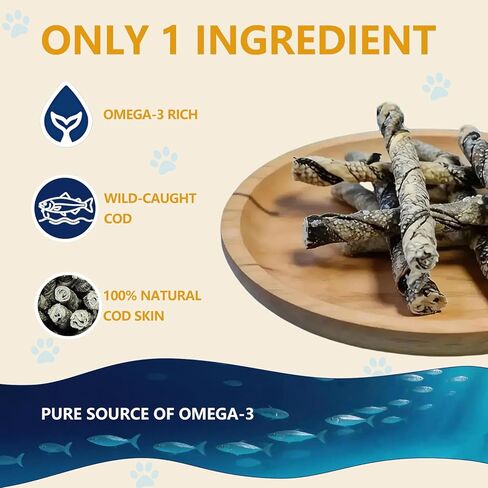 Cod Skin Dog Treats, Single Ingredient Natural Fish Skin Chews, Grain Free, High Protein & Omega 3 Dental Health Treats, Wild-Caught, 7 oz in Kuwait