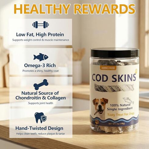 Cod Skin Dog Treats, Single Ingredient Natural Fish Skin Chews, Grain Free, High Protein & Omega 3 Dental Health Treats, Wild-Caught, 7 oz in Kuwait