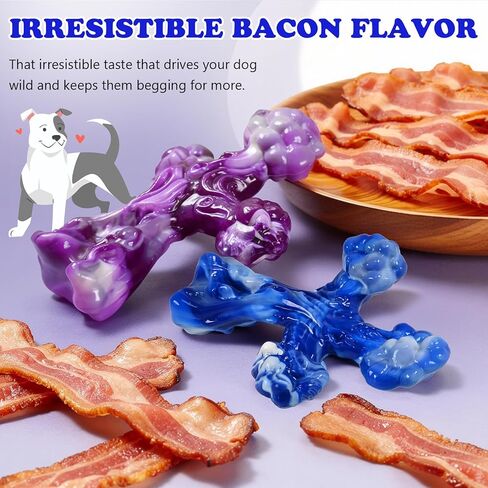 2Pack Dog Chew Toys for Aggressive Chewers, Indestructible Interactive Dog Bone Nylon Toys for for Medium Large Breed 20-90lbs, Chew Toy to Keep Them Busy, Bacon Flavored (Blue Purple) in Kuwait