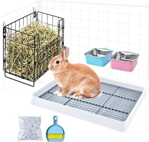 Rabbit Litter Box with Hay Feeder Bunny Litter Tray Disposable Cage Liner Bunny Feeder Bowls Guinea Pig Toilet Training Potty Tray with Grate for for Guinea Pigs, Chinchilla, Ferret, Galesaur in Kuwait
