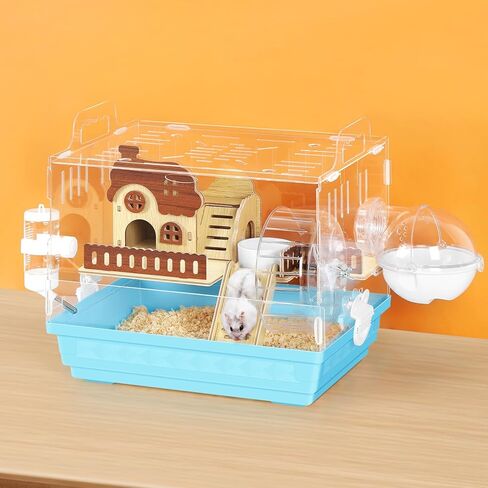 Acrylic Hamster Cage Small Hamster Habitat 360 Viewing Hamster Enclosure with Running Wheel & Hideout for Dwarf, Guinea Pig, Gerbils, Blue, 13.3" L*10.2" W*12.4" H in Kuwait