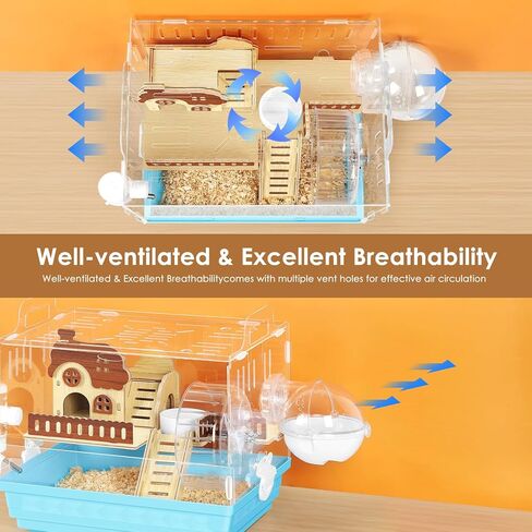Acrylic Hamster Cage Small Hamster Habitat 360 Viewing Hamster Enclosure with Running Wheel & Hideout for Dwarf, Guinea Pig, Gerbils, Blue, 13.3" L*10.2" W*12.4" H in Kuwait