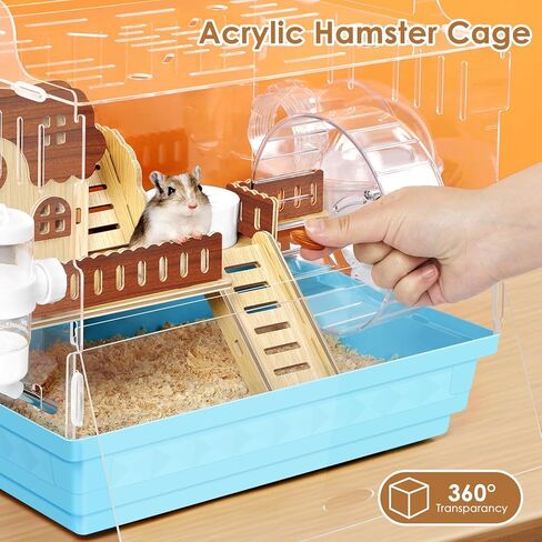 Acrylic Hamster Cage Small Hamster Habitat 360 Viewing Hamster Enclosure with Running Wheel & Hideout for Dwarf, Guinea Pig, Gerbils, Blue, 13.3" L*10.2" W*12.4" H in Kuwait