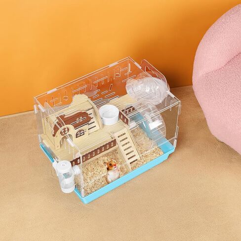 Acrylic Hamster Cage Small Hamster Habitat 360 Viewing Hamster Enclosure with Running Wheel & Hideout for Dwarf, Guinea Pig, Gerbils, Blue, 13.3" L*10.2" W*12.4" H in Kuwait