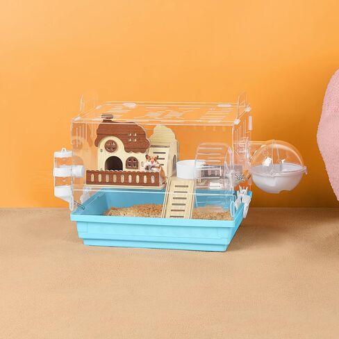 Acrylic Hamster Cage Small Hamster Habitat 360 Viewing Hamster Enclosure with Running Wheel & Hideout for Dwarf, Guinea Pig, Gerbils, Blue, 13.3" L*10.2" W*12.4" H in Kuwait