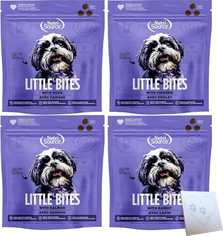 حزمة متنوعة من قطع Nutrisource-Little-Bites - 4 نكهات لذيذة: الدجاج والبط والسلمون والأرنب + مفكرة أقدام الحيوانات الأليفة (6 أونصة لكل منها، إجمالي 24 أونصة) in Kuwait