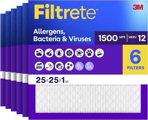 فلتر هواء فرن تيار متردد 25 × 25 × 1، MERV 12، MPR 1500، صديق للربو والحساسية، فلتر تنظيف هواء إلكتروستاتيكي مطوي لمدة 3 أشهر، 6 عبوات (الحجم الفعلي 24.81 × 24.81 × 0.78 بوصة) in Saudi Arabia