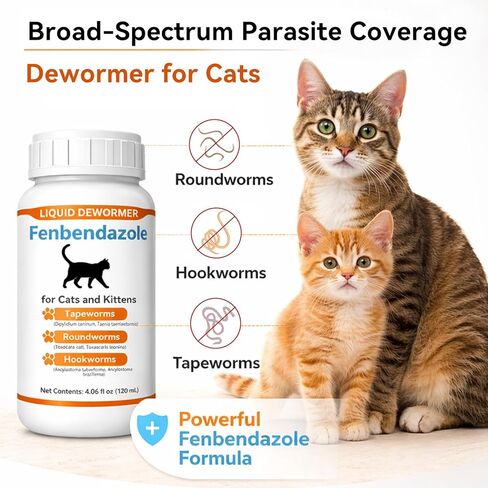 Cat Dewormer Liquid for Cats & Kittens, Fenbendazole Broad Spectrum for Tapeworms, Roundworms & Hookworms, Supports Intestinal Health, 120ml in Kuwait
