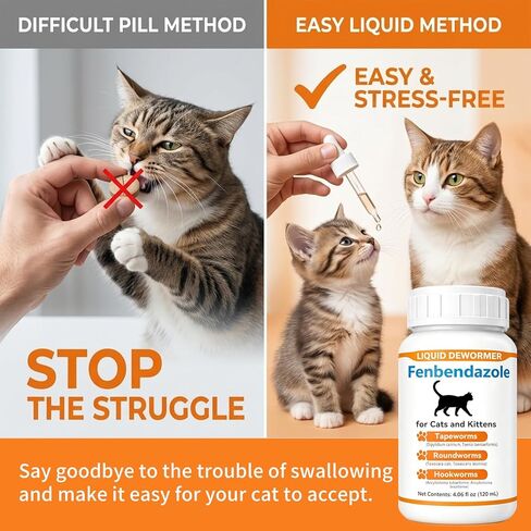 Cat Dewormer Liquid for Cats & Kittens, Fenbendazole Broad Spectrum for Tapeworms, Roundworms & Hookworms, Supports Intestinal Health, 120ml in Kuwait