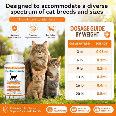 Cat Dewormer Liquid for Cats & Kittens, Fenbendazole Broad Spectrum for Tapeworms, Roundworms & Hookworms, Supports Intestinal Health, 120ml in Kuwait