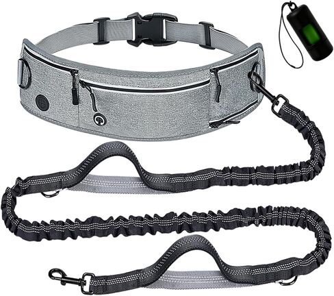 Hands-Free Adjustable Waist Leash with Dog Poop Bag Holder,Soft Padded Dual Handle,Retractable Bungee Leash with Reflective Stitches for Dog Walking Running Jogging 25-110 lbs,Black in Kuwait