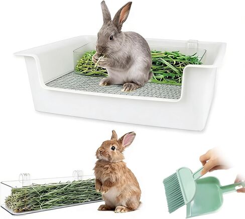 Stainless Steel Gird Rabbit Litter Box, Low Entry Bunny Litter Pan with Hay Feeder & Broom, Corner Potty Tray for Small Animals Rabbits Guinea Pigs Ferrets, 15.4x11.2x4.8 inch (White) in Kuwait