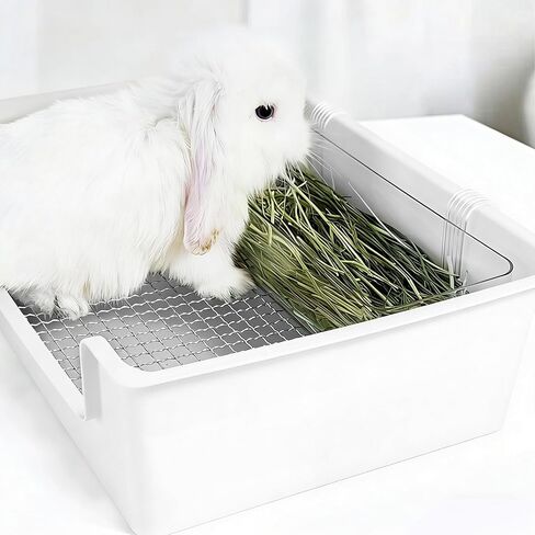Stainless Steel Gird Rabbit Litter Box, Low Entry Bunny Litter Pan with Hay Feeder & Broom, Corner Potty Tray for Small Animals Rabbits Guinea Pigs Ferrets, 15.4x11.2x4.8 inch (White) in Kuwait