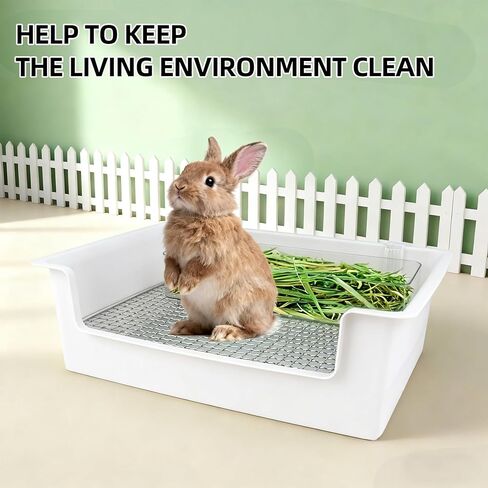 Stainless Steel Gird Rabbit Litter Box, Low Entry Bunny Litter Pan with Hay Feeder & Broom, Corner Potty Tray for Small Animals Rabbits Guinea Pigs Ferrets, 15.4x11.2x4.8 inch (White) in Kuwait