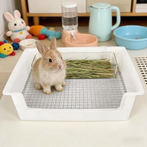 Stainless Steel Gird Rabbit Litter Box, Low Entry Bunny Litter Pan with Hay Feeder & Broom, Corner Potty Tray for Small Animals Rabbits Guinea Pigs Ferrets, 15.4x11.2x4.8 inch (White) in Kuwait