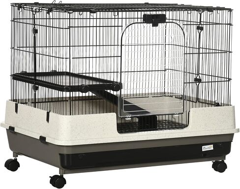 PawHut 26" Small Animal Cage with Wheels, 2-Level Portable Bunny Cage, Chinchilla Ferret Cage with Removable Tray, Platform and Ramp in Kuwait