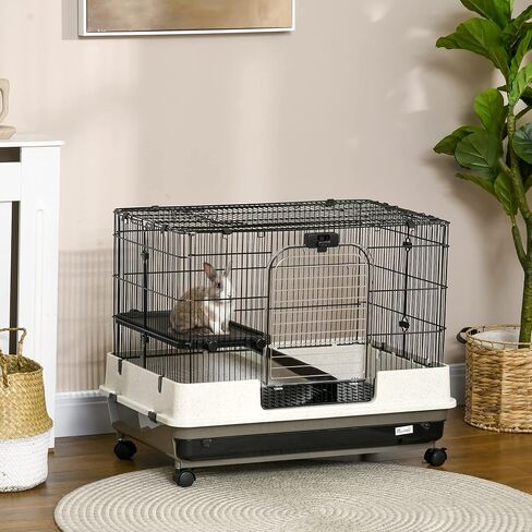 PawHut 26" Small Animal Cage with Wheels, 2-Level Portable Bunny Cage, Chinchilla Ferret Cage with Removable Tray, Platform and Ramp in Kuwait