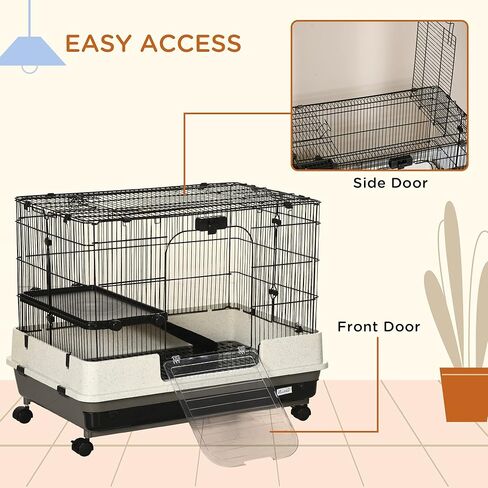 PawHut 26" Small Animal Cage with Wheels, 2-Level Portable Bunny Cage, Chinchilla Ferret Cage with Removable Tray, Platform and Ramp in Kuwait