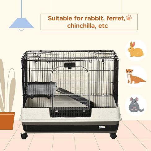 PawHut 26" Small Animal Cage with Wheels, 2-Level Portable Bunny Cage, Chinchilla Ferret Cage with Removable Tray, Platform and Ramp in Kuwait