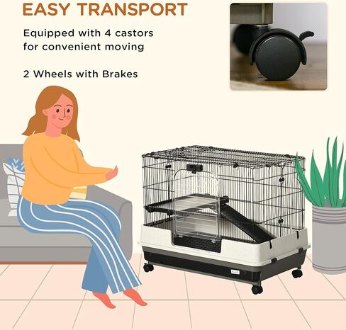 PawHut 26" Small Animal Cage with Wheels, 2-Level Portable Bunny Cage, Chinchilla Ferret Cage with Removable Tray, Platform and Ramp in Kuwait