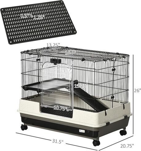 PawHut 26" Small Animal Cage with Wheels, 2-Level Portable Bunny Cage, Chinchilla Ferret Cage with Removable Tray, Platform and Ramp in Kuwait
