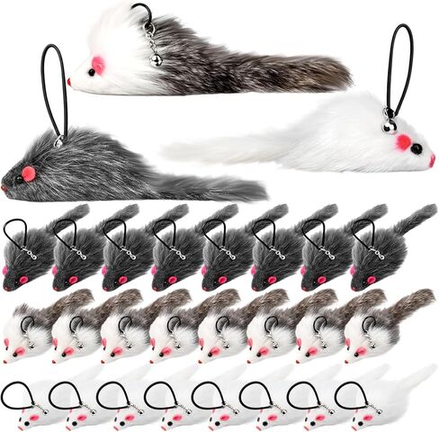 Shappy 24 Pack Real Rabbit Fur Mouse Cat Toys with Bell Attachments Realistic Rattle & Crinkle Sounds, Hanging Loops, Interactive Hunting Toys for Indoor Cats (White, Gray, Light Gray) in Kuwait
