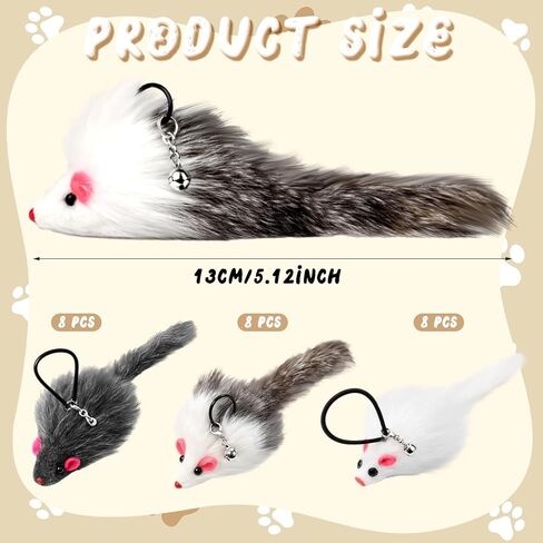 Shappy 24 Pack Real Rabbit Fur Mouse Cat Toys with Bell Attachments Realistic Rattle & Crinkle Sounds, Hanging Loops, Interactive Hunting Toys for Indoor Cats (White, Gray, Light Gray) in Kuwait