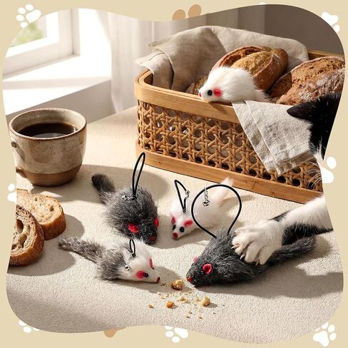 Shappy 24 Pack Real Rabbit Fur Mouse Cat Toys with Bell Attachments Realistic Rattle & Crinkle Sounds, Hanging Loops, Interactive Hunting Toys for Indoor Cats (White, Gray, Light Gray) in Kuwait