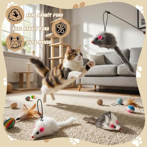 Shappy 24 Pack Real Rabbit Fur Mouse Cat Toys with Bell Attachments Realistic Rattle & Crinkle Sounds, Hanging Loops, Interactive Hunting Toys for Indoor Cats (White, Gray, Light Gray) in Kuwait