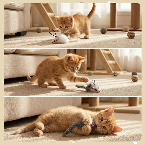 Shappy 24 Pack Real Rabbit Fur Mouse Cat Toys with Bell Attachments Realistic Rattle & Crinkle Sounds, Hanging Loops, Interactive Hunting Toys for Indoor Cats (White, Gray, Light Gray) in Kuwait