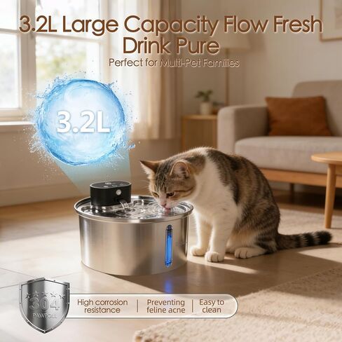 ETACCU Wireless Cat Water Fountain Stainless Steel - 3.2L/108oz, Pet Water Fountain Battery Operated with Motion Sensor, 3 Modes, Quiet Pump, Cordless Water Fountain for Cats and Small Dogs in Kuwait