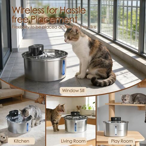 ETACCU Wireless Cat Water Fountain Stainless Steel - 3.2L/108oz, Pet Water Fountain Battery Operated with Motion Sensor, 3 Modes, Quiet Pump, Cordless Water Fountain for Cats and Small Dogs in Kuwait