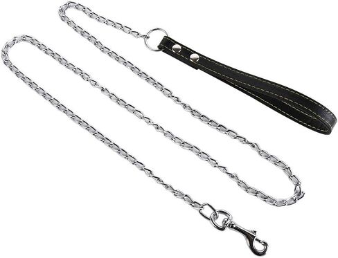 Heavy Duty Metal Chain Dog Leash with Leather Handle, Strong Control Pet Lead for Outdoor Training, Anti Bite Traction Rope for Dogs Up to 10kg(Black) in Kuwait