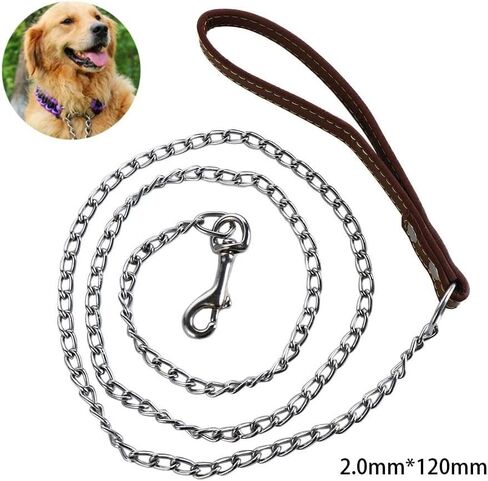 Heavy Duty Metal Chain Dog Leash with Leather Handle, Strong Control Pet Lead for Outdoor Training, Anti Bite Traction Rope for Dogs Up to 10kg(Black) in Kuwait