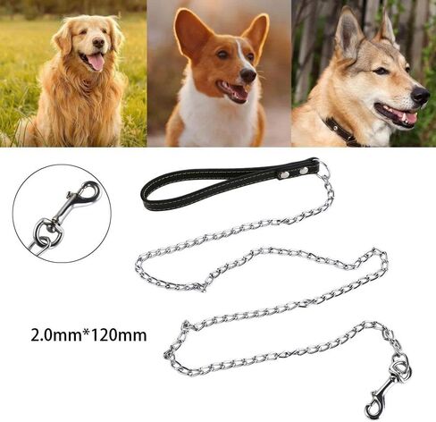 Heavy Duty Metal Chain Dog Leash with Leather Handle, Strong Control Pet Lead for Outdoor Training, Anti Bite Traction Rope for Dogs Up to 10kg(Black) in Kuwait