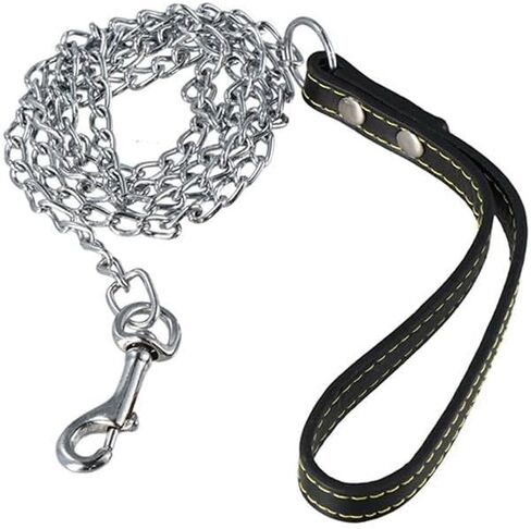 Heavy Duty Metal Chain Dog Leash with Leather Handle, Strong Control Pet Lead for Outdoor Training, Anti Bite Traction Rope for Dogs Up to 10kg(Black) in Kuwait
