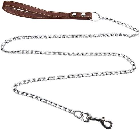 Heavy Duty Metal Chain Dog Leash with Leather Handle, Strong Control Pet Lead for Outdoor Training, Anti Bite Traction Rope for Dogs Up to 10kg(Black) in Kuwait
