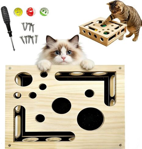 Wooden Cat Nail File Scratcher and Cat Scratch Puzzle Enrichment Box DIY Assembly Fun Cats Indoor Scratching for Boxes Game with Smooth Splinter-Free Surface with Sandpaper & 3 Balls in Kuwait