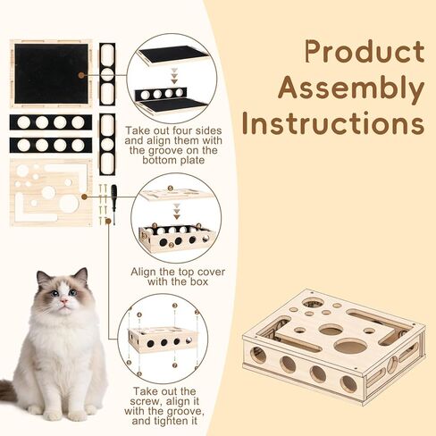 Wooden Cat Nail File Scratcher and Cat Scratch Puzzle Enrichment Box DIY Assembly Fun Cats Indoor Scratching for Boxes Game with Smooth Splinter-Free Surface with Sandpaper & 3 Balls in Kuwait