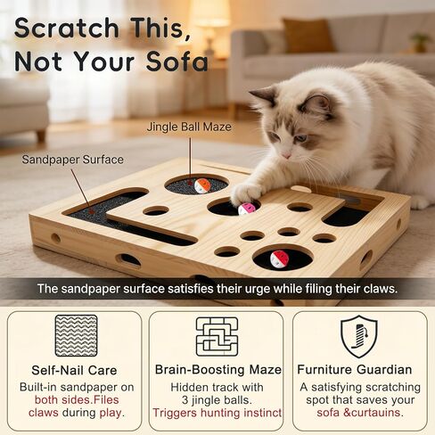 Wooden Cat Nail File Scratcher and Cat Scratch Puzzle Enrichment Box DIY Assembly Fun Cats Indoor Scratching for Boxes Game with Smooth Splinter-Free Surface with Sandpaper & 3 Balls in Kuwait