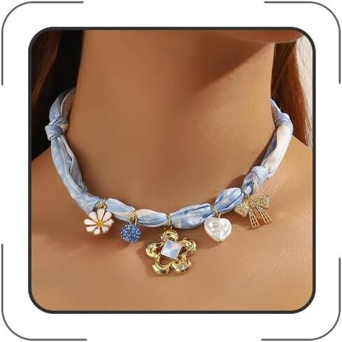 Scarf Necklaces with Charm for Women Boho Bandana Necklaces Vintage Scarf Pendant Necklace Adjustable Tie Statement Choker Necklace Halloween Christmas Jewelry Gift for Women in Saudi Arabia
