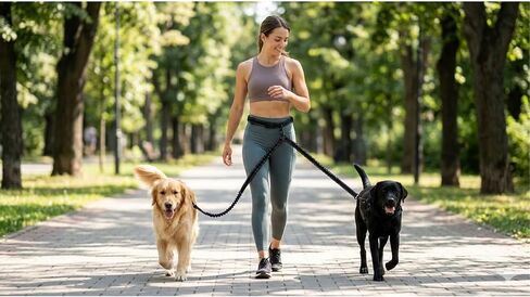 Heavy Duty Dog Leash Hands Free Bungee | Two Large Dogs Up to 250 lbs | Comfortable Shock Absorbing Bungee | Reflective Dual Padded Handles | Lumbar Waist Belt 24-42" | 360° Swivel Clips in Kuwait