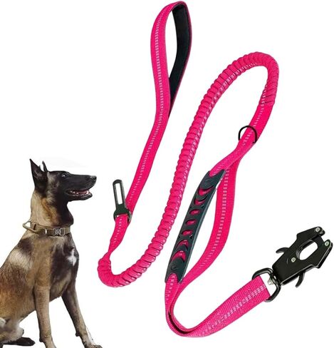 Heavy Duty Tactical Bungee Dog Leash with Car Seatbelt for Large Dogs, Dual Handles for Training, Travel (Red) in Kuwait