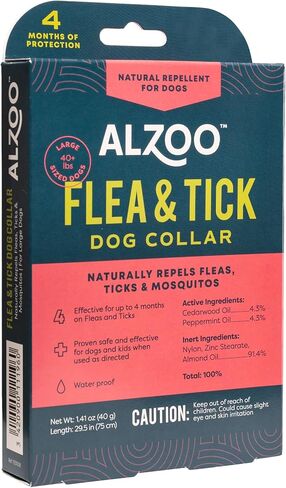 ALZOO Plant Based Flea & Tick Dog Collar - Helps Repel Fleas, Ticks & Mosquitoes - 100% Plant-Based Active Ingredients - Waterproof - Up to 4 Months Protection - Large-Sized Dogs: 40+ lbs - Single in Kuwait