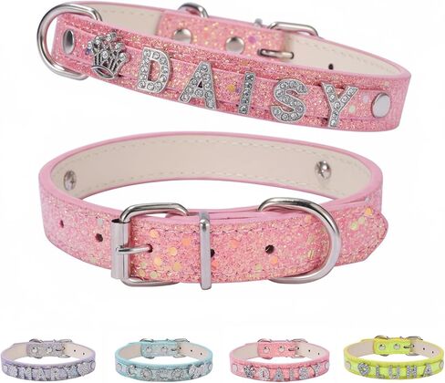 Personalized Dog Collar with Name - Custom Rhinestone Bling Sparkly PU Leather Collars for Small Medium Large Dogs, Adjustable & Pretty Customized Dog Collars in Kuwait