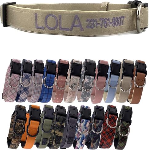 Soft Padded Premium Embroidered Dog Collar: Name and Phone Number Adjustable for Boy Girl Cute Puppy Gift Flower Military Plaid Hunting Mountains Outdoor Solid USA (Army Camo w/Flag, S) in Kuwait
