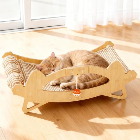 TIMIEEYA Cat Scratcher Bed, 3-in-1 Cat Scratching Pad with Hammock & Ball, Natural Sisal with Solid Wood Frame Cat Scratch Post for Indoor Cats Lounger & Sleep & Scratch in Kuwait