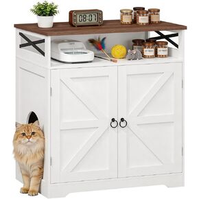 MAHANCRIS Litter Box Enclosure, Tall Cat Litter Box Furniture with Storage, Hidden Cat Washroom Cabinet, Farmhouse Indoor Pet House, Side End Table, Fit Most of Litter Box, White and Walnut CWBZ4501 in Kuwait